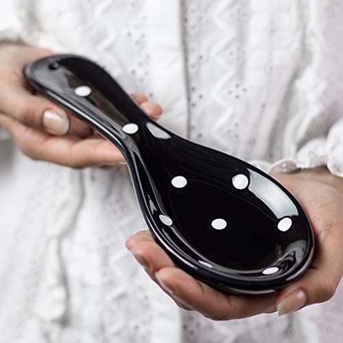 Image of City to Cottage Spoon Rest for Stove Top, Large Ceramic Spoon Holder for Kitchen Counter, Cooking Utensil Rest for Countertop, Handcrafted Black and White Polka Dot Spoon Rest for Ladle, Spatula, Tong