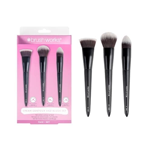 Image of Brushworks Cream Contour and Blush Set – 3-Piece Kit, Flat Top Contour, Blush & Buffing Brushes for Sculpting, Defining & Blending