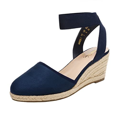 Image of DREAM PAIRS Womens Espadrille Wedge Sandals Slingback Mid Heel Elastic Ankle Strap Closed Toe Summer Wedding Party Holiday,Size 6,Navy,AMANDA-1