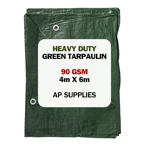 Image of AP Supplies Green Tarpaulin 90gsm Waterproof Cover Sheet 4m x 6m | M-Grade Polyethylene Ground Sheet with Reinforced Edges & Aluminium Eyelets for Outdoor Protection
