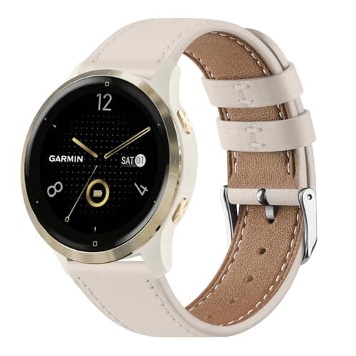 Image of Leather Strap Compatible with Garmin Venu 2S/3S/Forerunner 265S/255S/255S Music/Vivoactive 4S/Vivomove 3S, 18mm Soft Leather Replacement Watch Band for Garmin (18mm, Starlight)