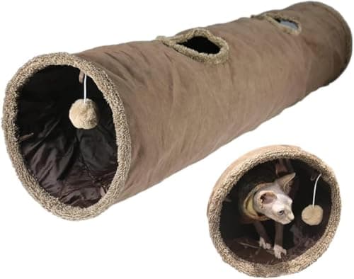 Image of Felizzyroo Extra Long Cat Tunnel, Collapsible Suede Play Tunnel with Jingle Ball & Peekaboo Holes for Cats, Kittens, Rabbits & Puppies (Brown),30 * 130cm