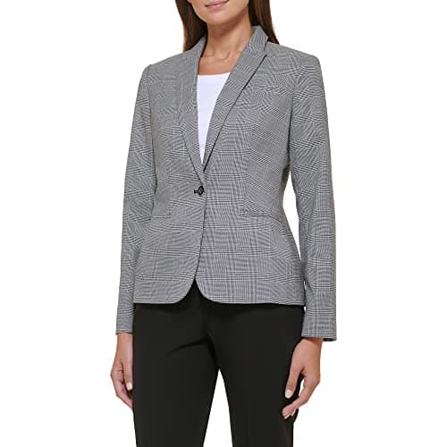 Image of Tommy Hilfiger Women's Plaid Fitted Single Button Blazer, Black/Ivory, 16, Black/Ivory, 20