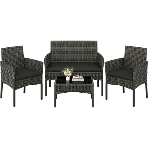Image of Yaheetech 4 Pieces Outdoor Patio Conversation Set, PE Rattan Wicker Sofa Set with Soft Cushion and Tempered Glass Table for Yard, Poolside, Garden (Grey)