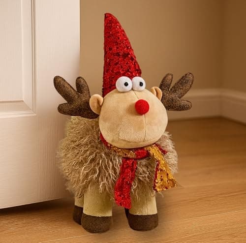 Image of Marco Paul 38cm Christmas Reindeer Ornament - Freestanding Weighted Plush Deer with Sequin Santa Hat - Novelty Christmas Decorations for Decorative Door Stop, Home Decor, Centrepiece & Gift Idea