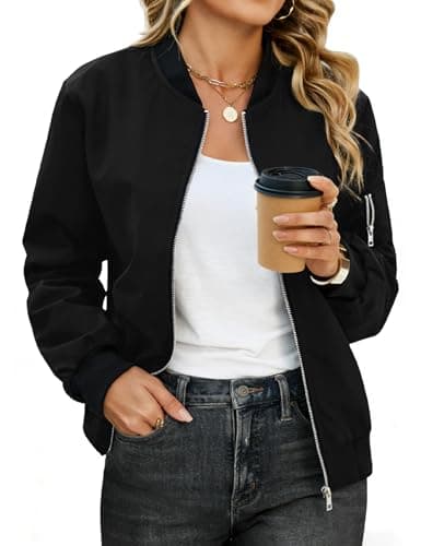 Image of CMTOP Womens Bomber Jacket Lightweight Zip Up Summer Jackets Casual Short Flight Jacket Windproof Transition Jackets with Pockets Solid Long Sleeve Spring Coat(Black, XL)