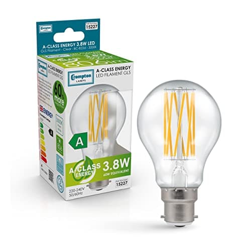 Image of Crompton Lamps Ultra-Efficient LED Filament Light Bulb GLS 3.8W BC-B22 Bayonet A-Class Warm White Clear (60W Equivalent)
