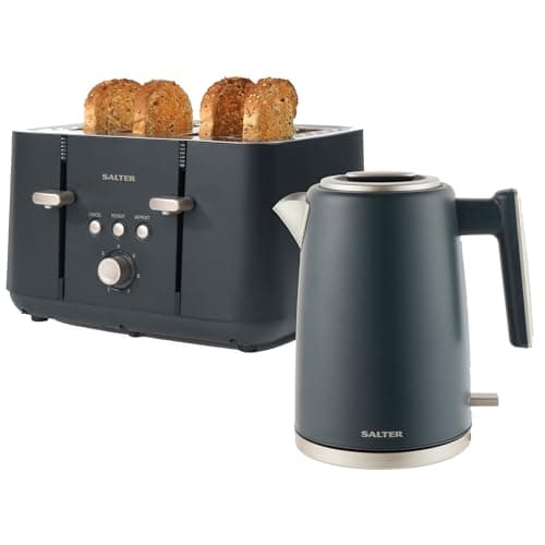 Image of Salter COMBO-8823 Marino Kettle and Toaster Set – 1.7L Capacity Fast Boil Kettle, 4-Slice Anti-Jamming Electric Toaster, Removable Crumb Tray, 360° Swivel Base, Limescale Filter, Blue Grey, 3kW/1850W