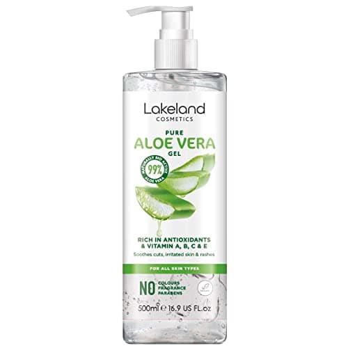 Image of Lakeland Cosmetics Aloe Vera Gel contains 100% pure natural bio active aloe gel moisturiser, soothes cuts, irritated skin, burns & sunburn relief for face & body great aftersun lotion cream 500ml