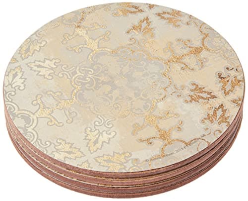 Image of Creative Tops Cork Backed Coasters Set with Printed 'Gold Impressions' Design, Round, Gold / Grey, 12 cm, Set of 4