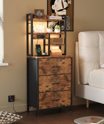 Image of MUTUN Bedside Table with Charging Station and LED Lights, Tall Nightstand with 2 Outlets and 2 USB Ports, Sofa Table with 3 Fabric Drawers and Bookshelf for Living Room, Bedroom, Office (Rustic Brown)