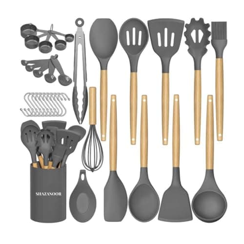 Image of Kitchen Essentials 33Pcs Silicone Cooking Utensils Set | Non-Stick Heat-Resistant Kitchen Tools with Wooden Handles | Spatula, Spoon & Turner Set | Durable, Eco-Friendly Utensils - Grey (Set of 3)