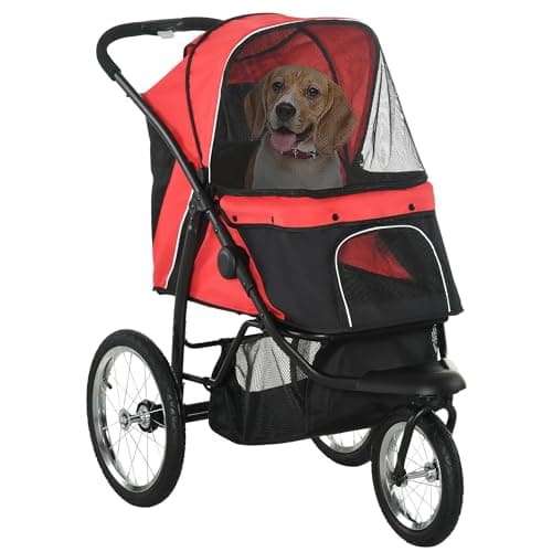 Image of PawHut Dog Pram, Dog Stroller Jogger Foldable Pet Pushchair for Medium, Small Breeds, w/Rubber Wheels, Washable Cushion, Red