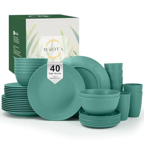 Image of Wrova Plastic Dinner Set - Dinnerware Set 40 PCS Reusable Dishes Set - Service for 8 Unbreakable Plastic Dish Set Microwave Safe Plates and Bowls Sets Lightweight Cups Sets Outdoor Dishes - Green