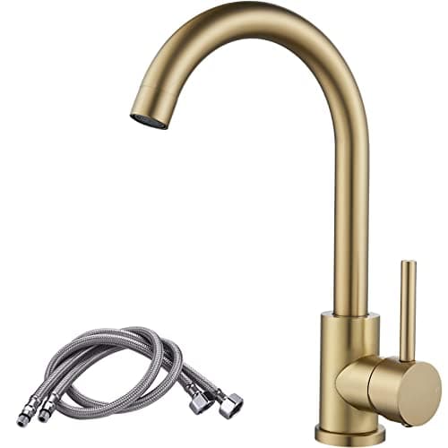 Image of Brushed Gold Kitchen Tap, Swan Neck Single Lever Kitchen Sink Mixer Taps with Swivel Spout and Hoses, NewEast Monobloc Tap