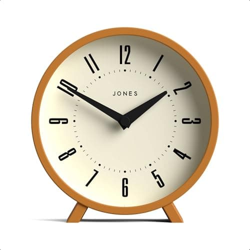 Image of Jones Clocks® Venus desk clock | Modern round design | Mustard yellow | Stylish retro look for shelf, table, mantel or bedside