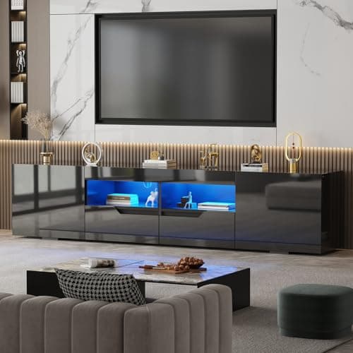 Image of BSTSEL 200CM White/Black High Gloss TV Stand Cabinet Entertainment Unit with LED Lights Free Standing TV Cabinet with Storage for Living Room up to 75" TV (Black High Gloss)