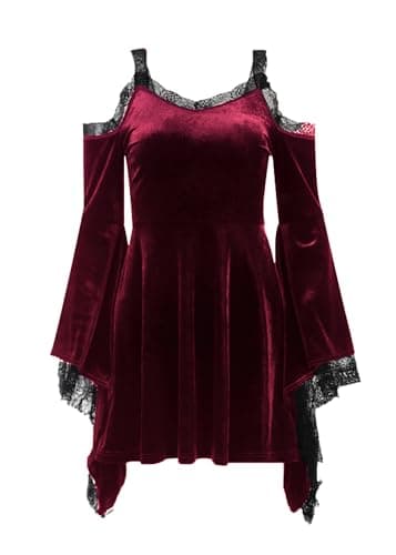 Image of DINGJIUYAN Gothic Velvet Halter Dress Long Flare Sleeve High Waist Fairy Lolita Dresses Punk Grunge Vintage Vampire