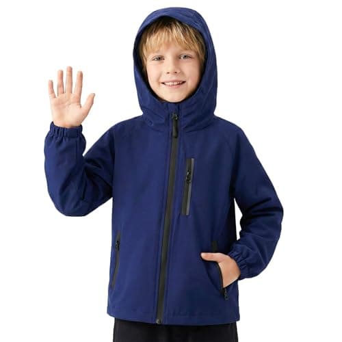 Image of Domueay Boys Waterproof Hooded Jacket Kids Lightweight Windproof Raincoat with Reflective Strips Zip Pockets Coat for School Outdoor Unisex Outerwear Age 5-6 Years, Navy