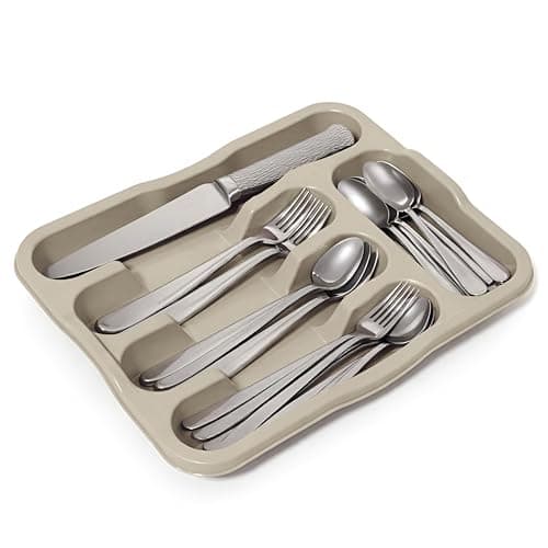 Image of DIVCHI 5 Compartment Cutlery Tray Compact Storage Divider for Kitchen Drawers Plastic Cutlery Organiser Insert with Anti-Slip Base, Utensil Holder for Knives Forks Spoons, Durable Easy Clean (Cream)