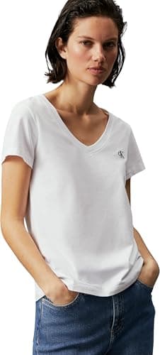 Image of Calvin Klein Women Short-Sleeve T-Shirt Ck Embroidery V-Neck, White (Bright White), L