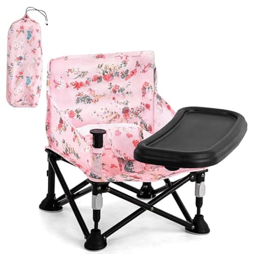 Image of LADIDA Booster Seat for Toddlers with Removable Tray, Portable Foldable Baby High Chair for Kitchen & Dining Chairs, Suitable 6-36 Months Indoor & Outdoor (Pink Floral) 306
