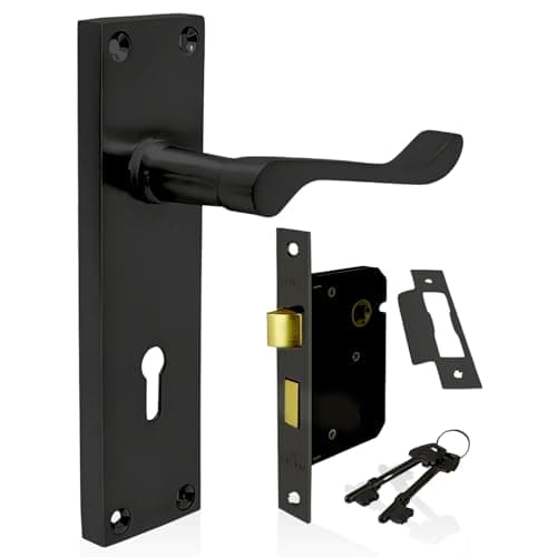 Image of HANDLESTORE Victorian Scroll Locking Lever Door Handle on Backplate – Matt Black Interior Handles with 2.5" Mortice Sash Lock & Screws (Pair)