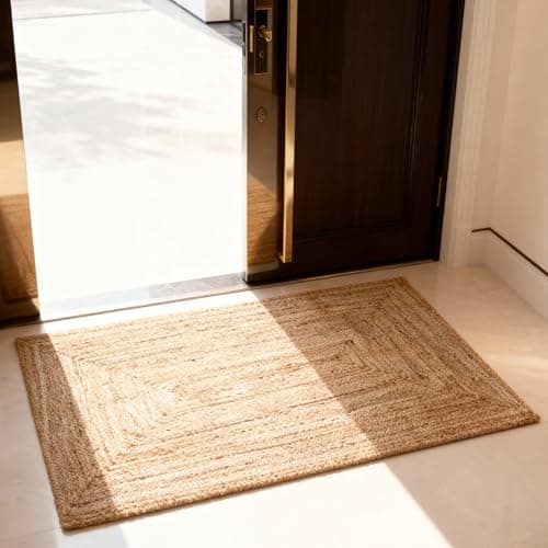 Image of Craft Trade Natural Jute Area Rug Boho Braided Hand Woven Vintage Sisal Rug Reversible Home Decor Farmhouse Carpet Rag Rug for Kitchen Living Room and Bedroom - Rectangle 60x90 cm