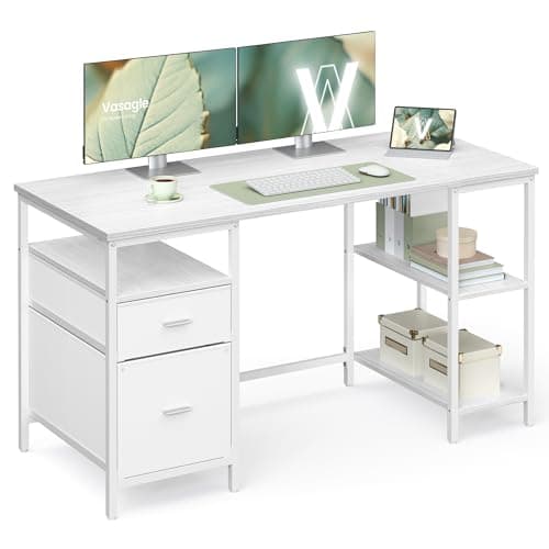 Image of VASAGLE Computer Desk, Work Desk with Storage, 3 Shelves, 2 Drawers, 140 x 60 x 76 cm, for Home Office, Living Room, Modern Style, Maple White and Cloud White LWD104WF01