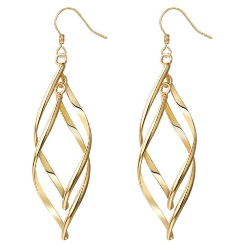 Image of Vogem Gold Plated Drop Earrings for Women Dangling Gold Twist Earrings Dangle Hook Leaves Hypoallergenic Fashion Jewellery Gift