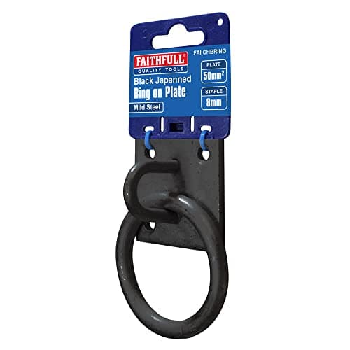Image of Faithfull 8mm Ring on Plate – Black Japanned Steel Rope Bracket with Pre-Drilled Base (50 x 50mm) for Trailers, Bikes, Hammocks & Washing Lines