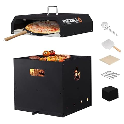 Image of PIZZELLO Outdoor Pizza Oven Large 4-in-1 Wood Fired Outside Oven 2-Layer Detachable Pizza Maker with Pizza Stone, Pizza Peel, Cover, Cutter, BBQ Grill Grate, Pizzello Gusto 16"