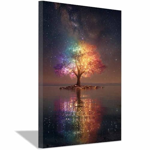 Image of PUQAAEO Tree Of Life Canvas Wall Art decor Rainbow seGalaxy Tree Print Modern Painting Prints Pictures, Nature Canvas Landscape Artwork, Living Room Office Bedroom(Multicolor)-70x100cm Framed