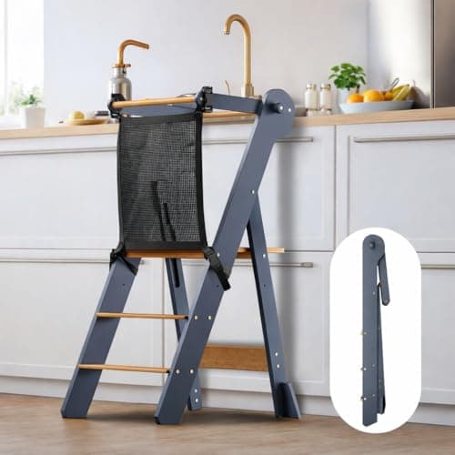 Image of COSYLAND Foldable Kitchen Step Stool for Kids – Space-Saving Standing Stool with Protective Net – Height-Adjustable with Stabilizing Block (Grey & Natural)
