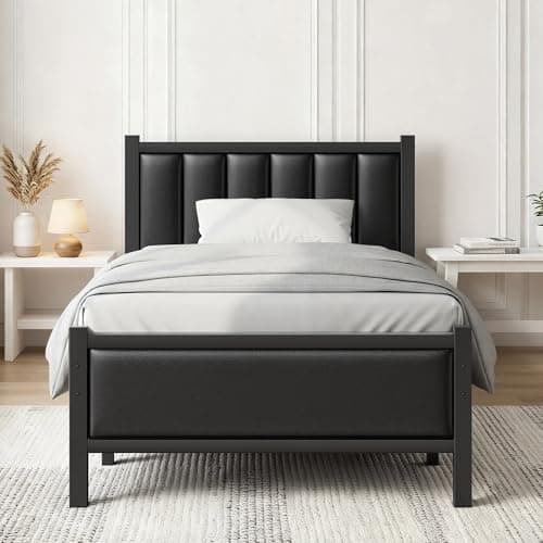 Image of Frost IX Single Bed Frame with Upholstered Headboard, 3ft Metal Beds with Sturdy Steel Slats Support Platform, Black Single Bed with Storage, Noise Free, Easy Assembly, No Box Spring Needed