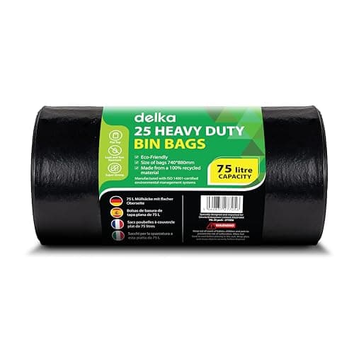 Image of Delka Heavy Duty Black Bin Bags – Extra Strong, Leak-Proof Plastic Liners – Ideal for Kitchen, Home, DIY & Garden, Household, Office & Catering – Made from 100% Recycled Material (75L, 25 Pack)