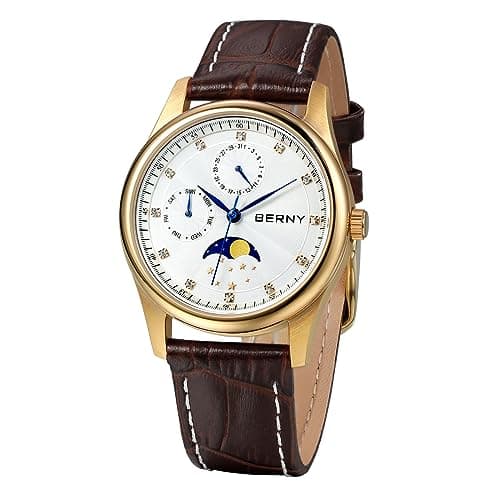 Image of BERNY Multi-Function Watches for Women Waterproof Ladies Watches with Genuine Leather Strap Fashion Womens Watches Sub-dail with Calendar Moon Phase