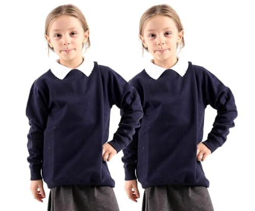 Image of WOOD QUAIL Girls Boys Crew Neck Pack of 2 School Jumpers Kids Long Sleeve Fleece Unisex Round Neck School Uniform Jumper Sweatshirts (5-6 Years, 2x Navy Blue)
