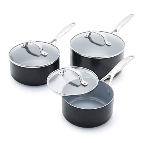 Image of GreenPan Valencia Pro Hard Anodised Healthy Ceramic Non Stick 3-Piece Saucepan Set, 16 cm/1.5 l, 18 cm/2 l and 20 cm/3.1 l, PFAS-Free, Induction, Oven Safe, Grey