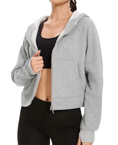 Image of Ullnoy Womens Comfortable Zip Up Hoodie with Pockets Long Sleeve Plain Ladies Cropped Jackets Lightweight Thermal Top for Women Uk Gray XL