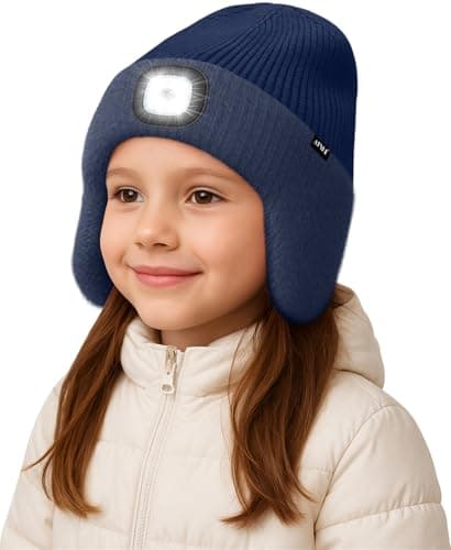 Image of ATNKE Kids LED Lighted Beanie Hat with Earflap, USB Rechargeable 4 LED Hands Free Head Torch Running Headlamp Cap Light Winter Warm Fleece Lined Knit Beany Gifts for Boys and Girls/Navy Blue