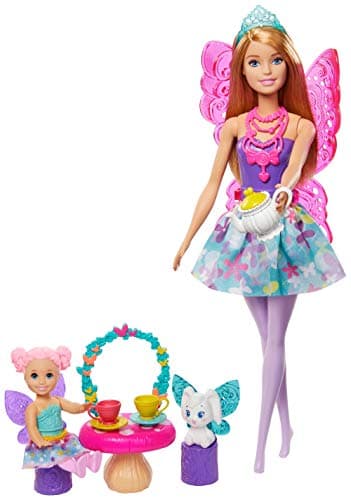 Image of Barbie Dreamtopia Tea Party Playset with Barbie Fairy Doll, Toddler Doll, Tea Set, Pet and Accessories