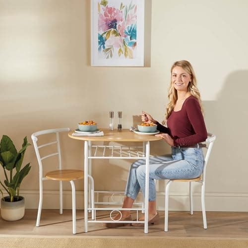 Image of Coopers of Stortford - 3 Piece Compact Dining Set with Table and 2 Chairs - Cream Powder Coated Steel Frames with Wood Top and Slatted Shelf