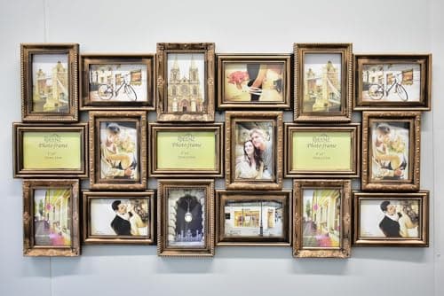 Image of DEENZ X Large 18 Photos Multi Picture Wall Frame 6X4 Photo Multi Photo Frame 18-Aperture Wall Hanging Memories Decoration Gold Rustic