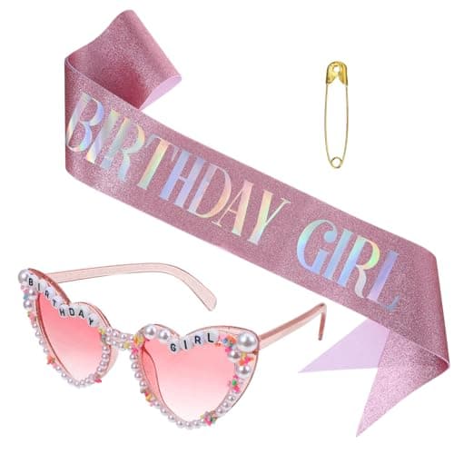 Image of Grevosea Birthday Girl Sash and Glasses Set, Pink Party Accessories for Women and Girls Glitter Sashs Tiara Fun Glasses for Women Girls Pink Birthday Decorations