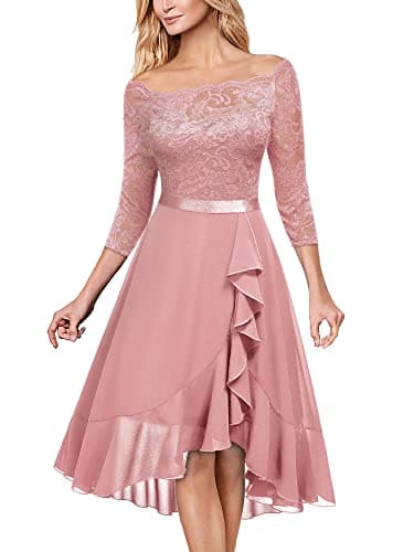Image of MIUSOL Women's Elegant Lace Chiffon 2/3 Sleeve Off-Shoulder Cocktail Ball Bridesmaid Patry Swing Midi Dress (XX-Large, Pink)