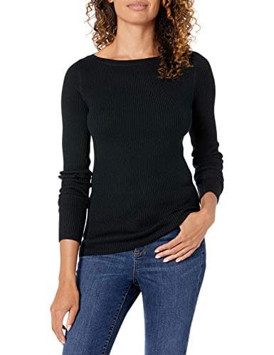 Image of Amazon Essentials Women's Slim Fit Long Sleeve Boat Neck Ribbed Jumper, Black, M
