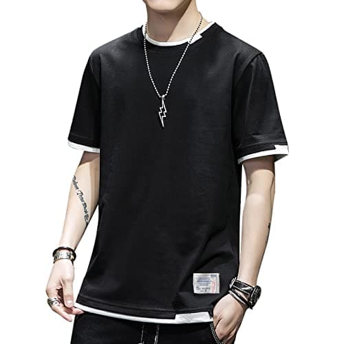Image of KENAIJING Men's Short Sleeve T-Shirt Cotton Crewneck Patchwork Summer Casual Harajuku Sportswear (Black, XXL)