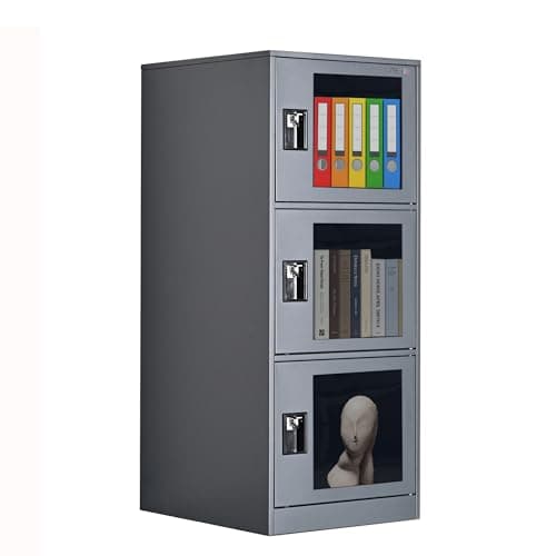 Image of Small Gray Locker with 3 Doors Locking Storage Cabinet for Bedroom Office Living room Gym Padlock Latch Organzier