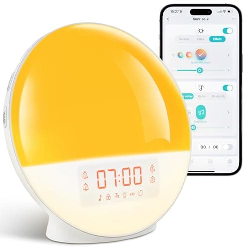Image of nuosife Sunrise Alarm Clock with App Control, White Noise Machine, Dual Alarms, Wake Up Light with Sunrise and Sunset Simulation, FM Radio & Bluetooth Speaker, Coloured Light, USB Powered